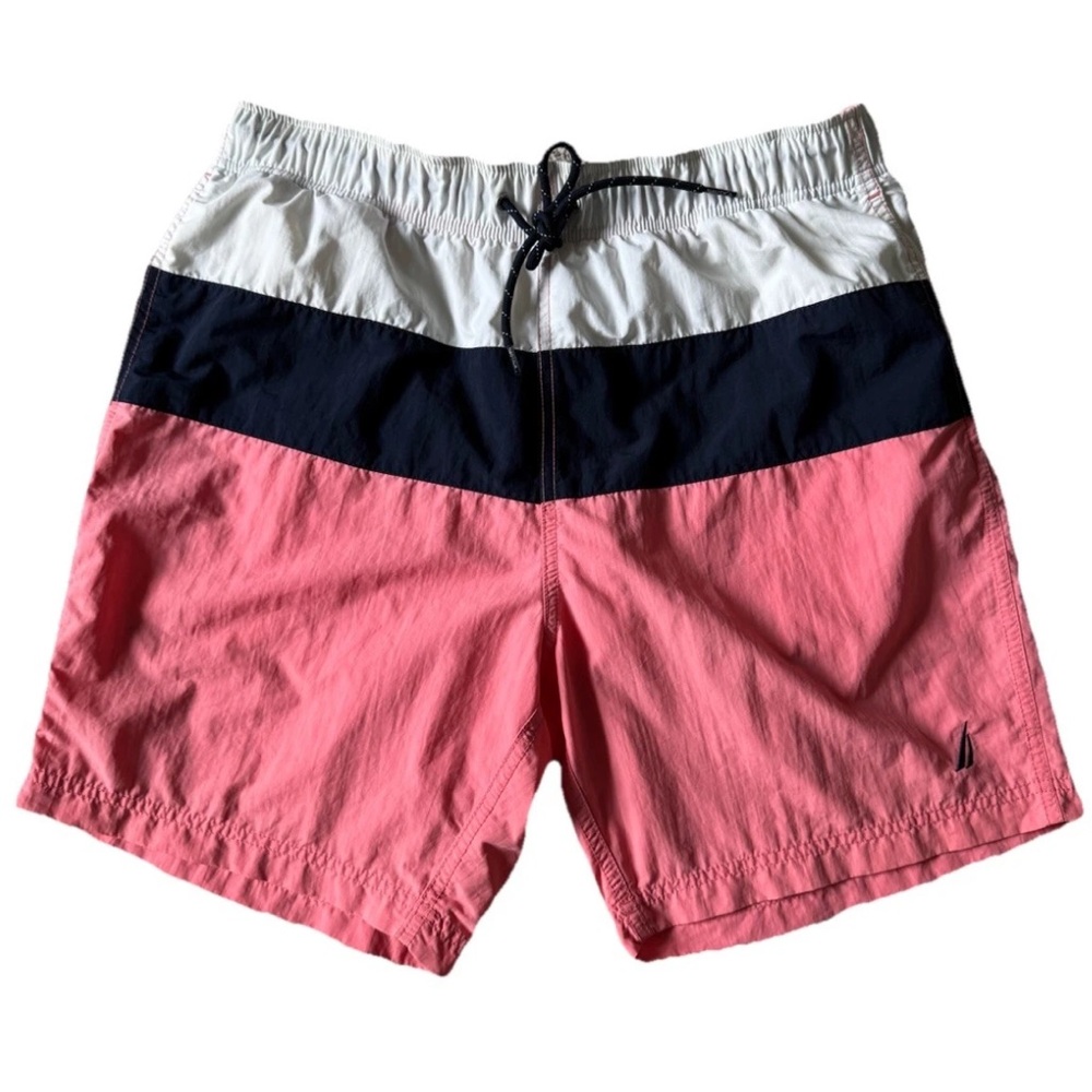 Nautica Men’s Swim Shorts Medium Trunks Board Blue White Peach Beach Outdoor EUC